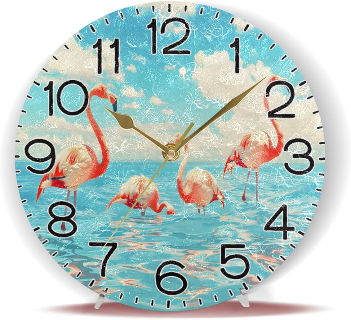 Flamingos Wall Clock Battery Operated Non Ticking Silent Quartz Analog Rustic Farmhouse Round Clock Retro Decor for Home Kitchen Living Room Bathroom4