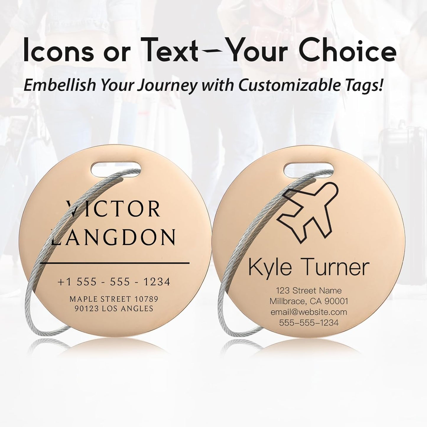 Customized Stainless Steel Luggage Tags: Personalize Your Suitcases, Backpacks, and Bags with Your Text (Rose Gold)