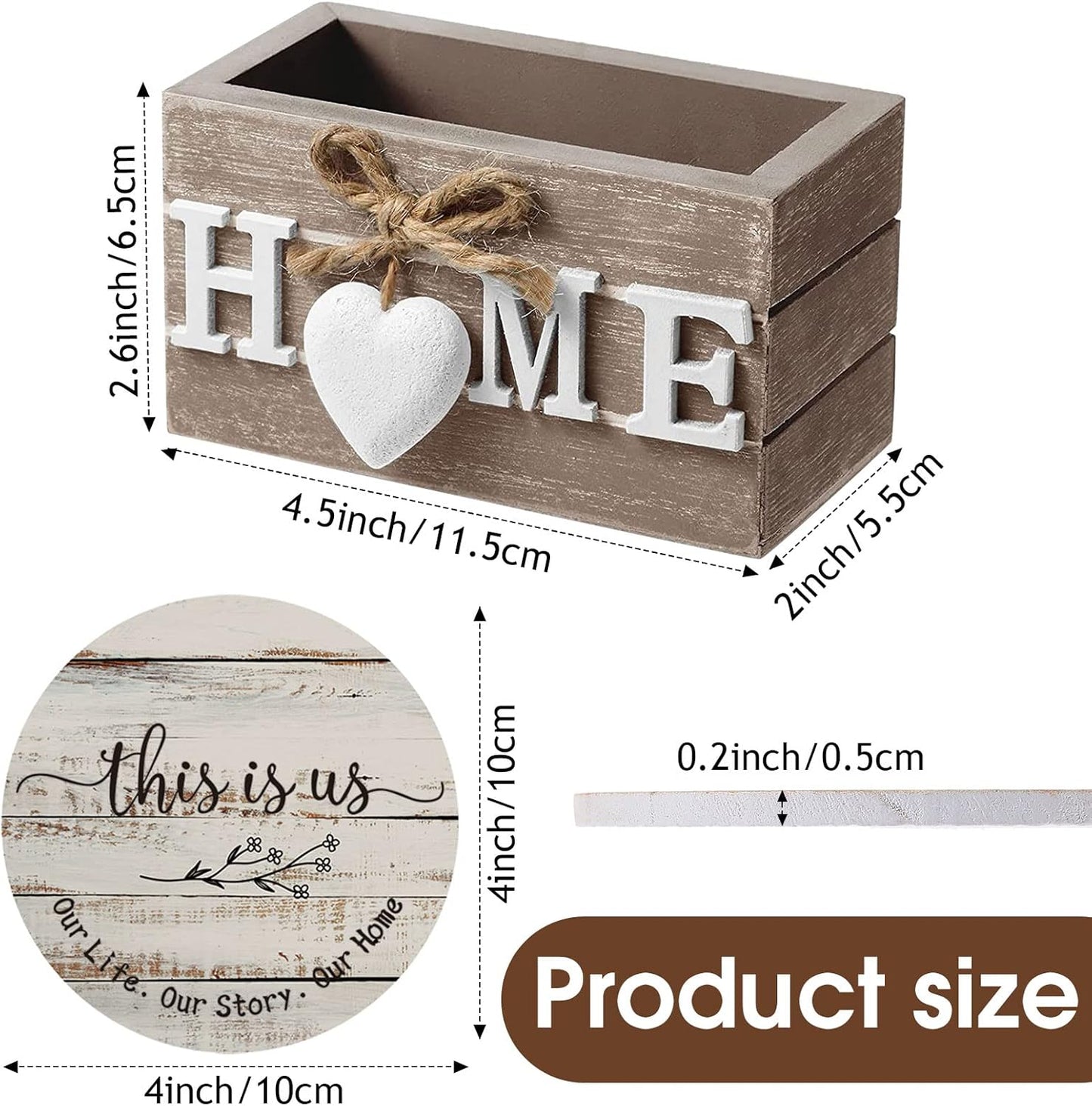 Queekay Housewarming Gifts for Home Decoration Wooden Heart Coasters for Drinks 6 Set Farmhouse Coasters with Holder Funny for Family Coffee Table Protection, 4''(Farmhouse Color)