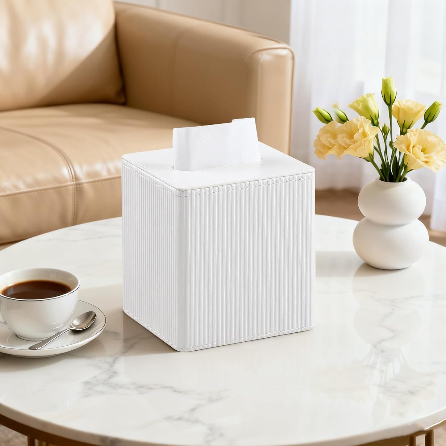PU Leather Tissue Box Cover Square with Magnetic Closure, Modern Tissue Box Holder for Bathroom Bedroom Office Desk, Decorative Square Tissue Holder (Ivory)