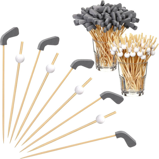 200 Pcs Golf Cocktail Picks 4.7" Golf Toothpicks for Appetizers Golf Club Drink Stirrers Golf Party Decor Birthday Cupcake Topper Sandwich Fruit Golf Skewer Bamboo Stick Holiday Supply(Golf Ball)