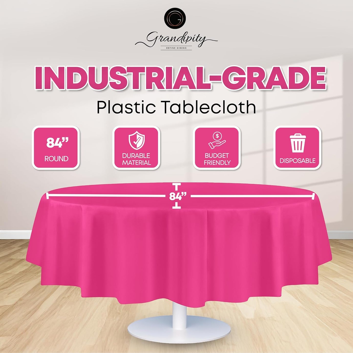 Grandipity 12 Pack Premium Disposable Plastic Tablecloth 84" Inch Decorative Round Table Cover - Hot Pink