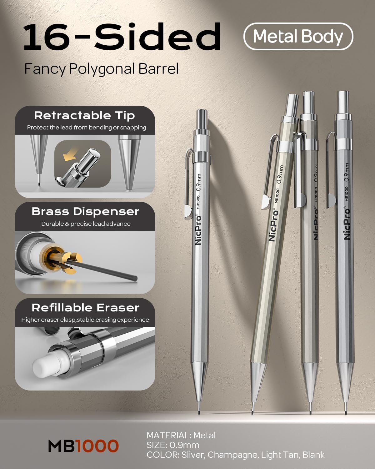 Nicpro 4 Pack Metal Mechanical Pencil Set 0.9mm, MB1000 Lead Drafting Pencil 0.9 mm with 8 Tube HB #2 Lead Refill, 3PCS 4B Eraser, 9 Cap Eraser for Artist Writing, Sketching, Drawing- Come with Case