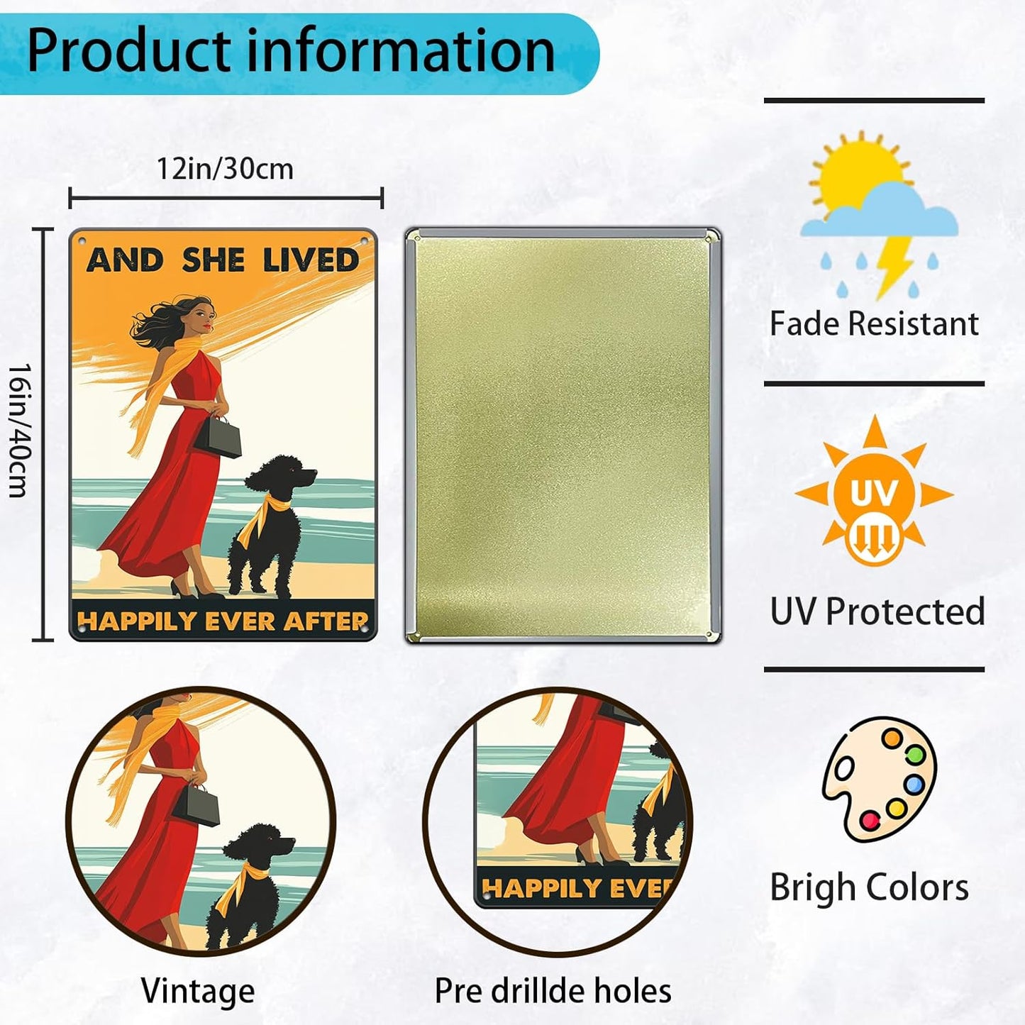 Vintage Tin Sign Metal Poster Plaque Poodle Girl and She Lived Happily Ever After Dog Metal Sign Iron Painting Retro Wall Decor Poster for Home Hotel Cafes 12x16 Inch