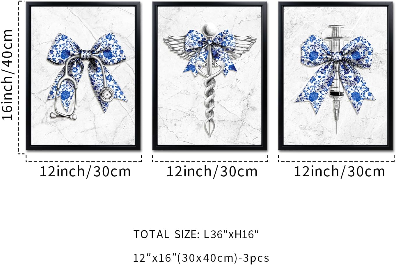 KREATIVE ARTS Blue and White Porcelain Medical Canvas Wall Art Black Frame Stethoscope Syringe Winged Medical Symbol Prints Chinese Style Decor for Nurse Doctor Office Clinic Hospital 12x16 Inches Set of 3