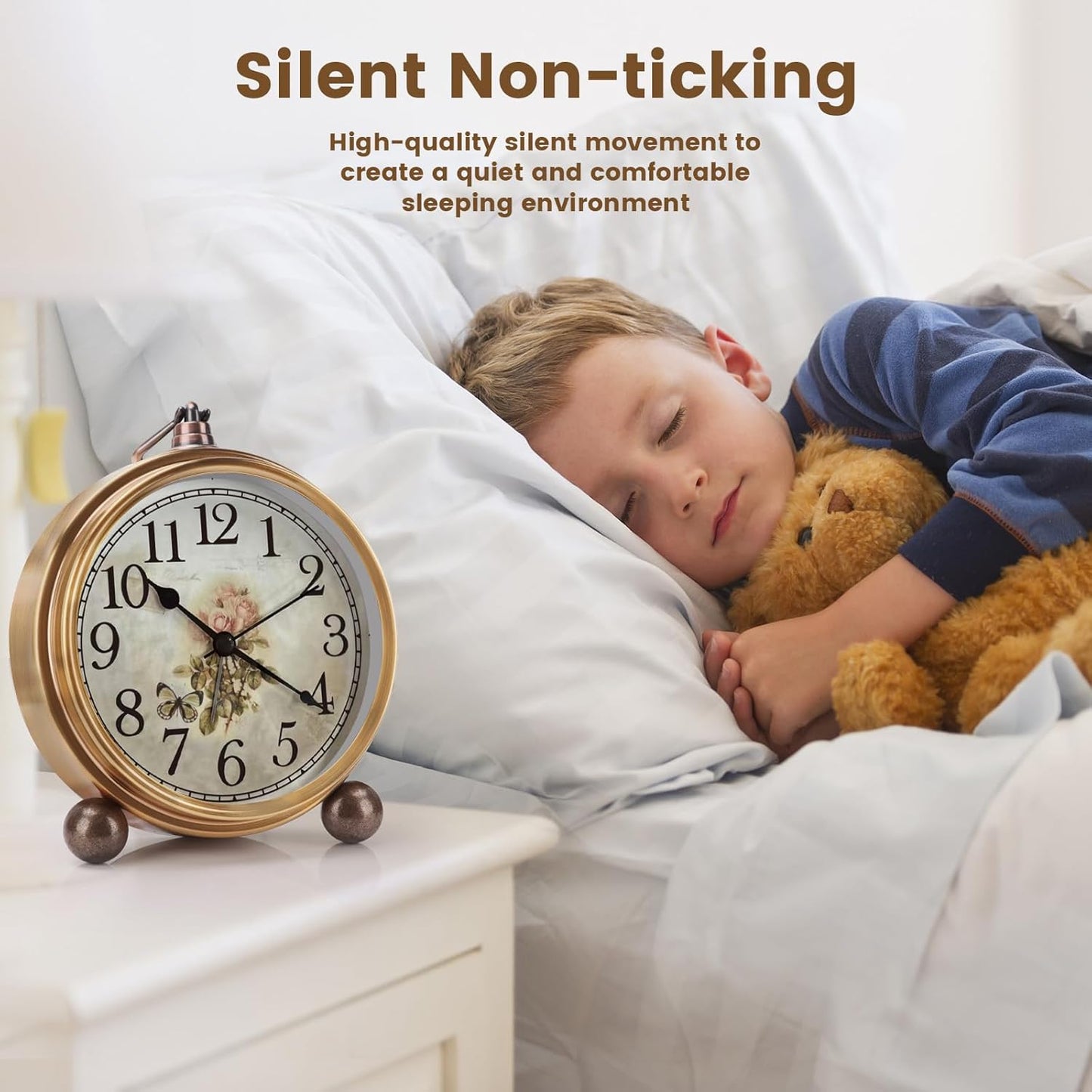 Maxspace Metal Golden Table Clock, Retro Vintage Non-Ticking Small Alarm Clock,Battery Operated Silent Quartz Movement HD Glass Desk Clock for Bedroom Living Room Indoor Decoration Kids… (Rose)