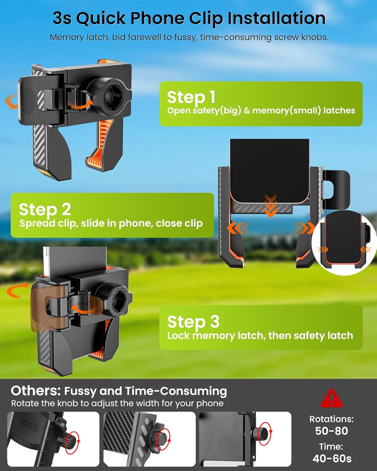 Golf Cart Phone Holder Mount - 3s Phone Clip Install, 1s Lock & Release，Phone Caddy for iPhone Galaxy & More Fits Yamaha Club Car EZGO Icon, Golf Cart Accessories Essentials Gift for Men Women