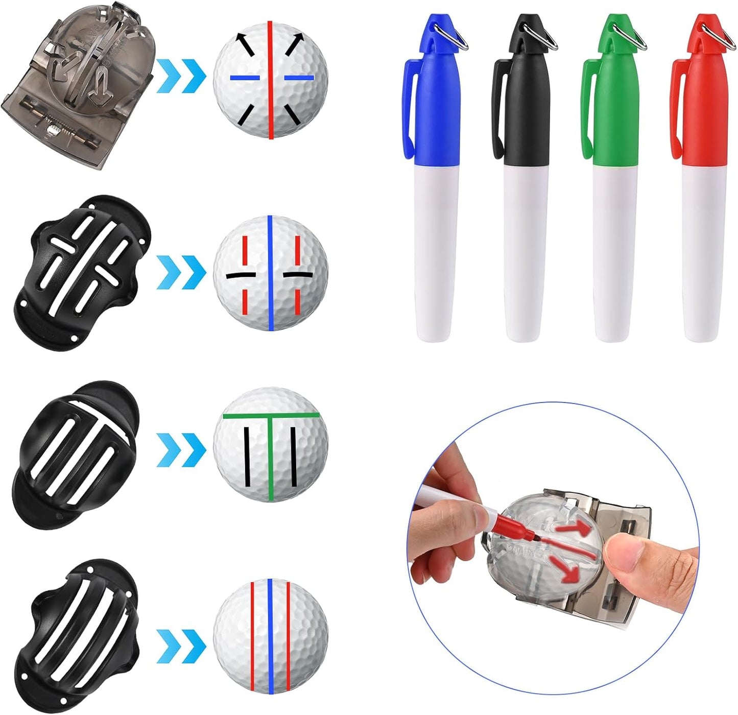 GOLDGE 10pcs Complete Golf Essentials Kit - Including Pro Club Brush Cleaner with Retainer Clip, Squeeze Water Bottle, Groove Sharpener & 8 Pcs Precision Ball Markers (4 Stencils & 4 Markers)
