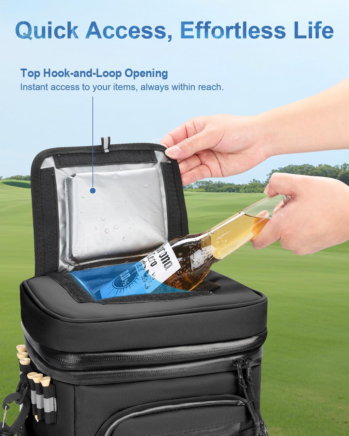 14-Can Golf Cart Expandable Cooler Bag, Soft Insulated Cooler Bag with Hook-and-Loop Lid & Golf Tees Holder for Camping & Outdoor Activities, Fits on Golf Cart Push Cart