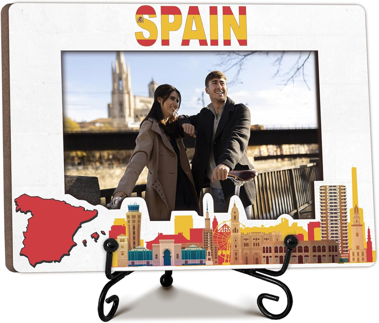 Spain Travel Picture Frame, 5 x 8 Spain Themed Wooden Photo Frame with Stand, Vacation Anniversary Honeymoon Gifts For Friend Family Couples, Home Office Desk Decorations-A08