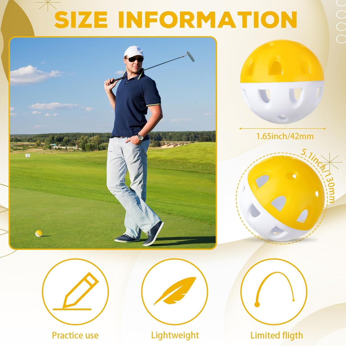 Junkin 50 Pack Practice Golf Balls Limited Flight Plastic Impact Golf Balls 1.65 Inch Hollow Soft Training Resistant EVA Foam Realistic Feel for Indoor Outdoor Swing Training