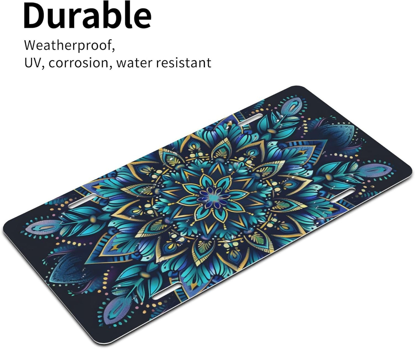 Blue Turquoise Mandala Flower Front License Plate for Car Designs Stainless License Plate Cover Holder for Men Women Metal Aluminum Decorative Accessory Vanity Tag Standard 6 X 12 Inch (4 Holes)