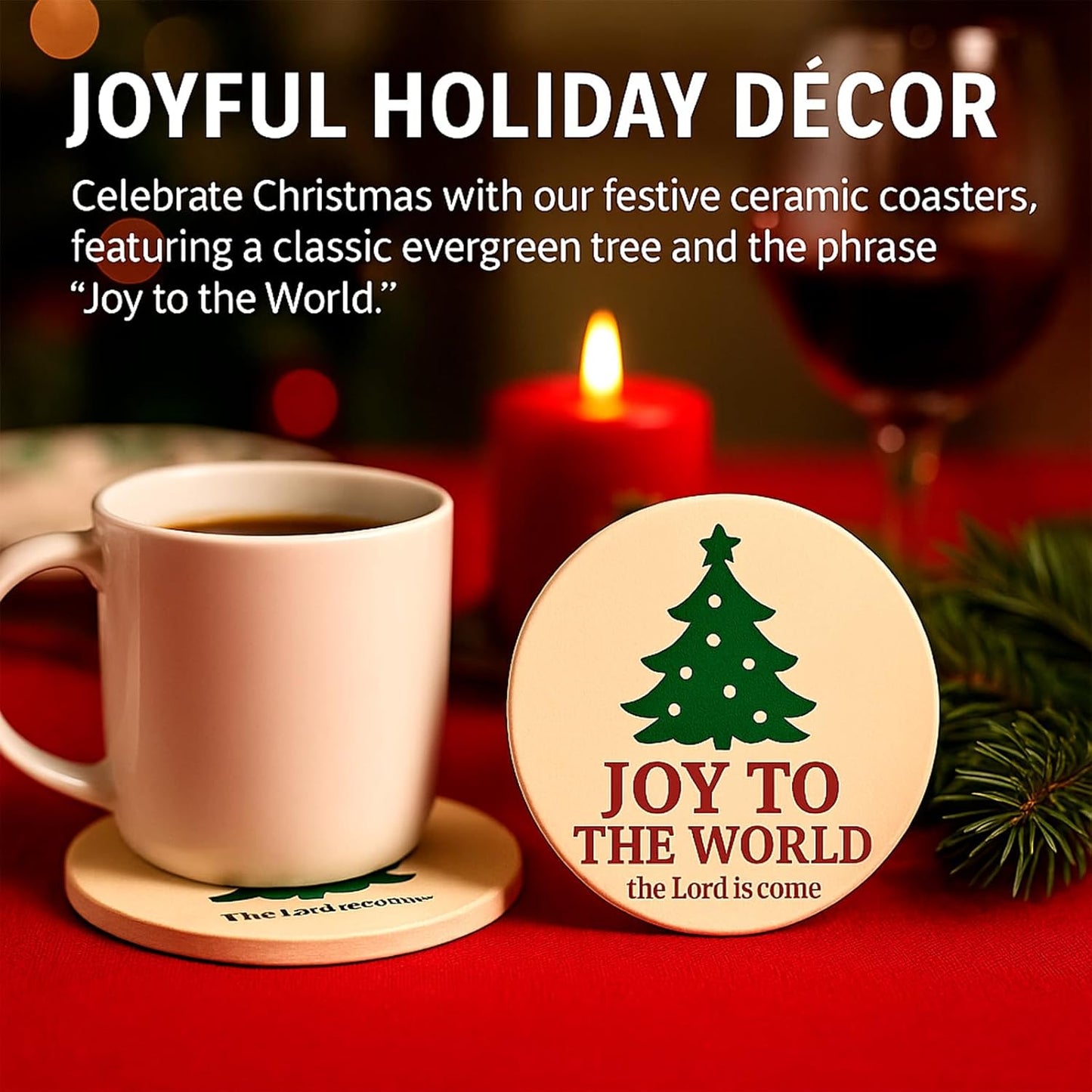 Joy to The World Christmas Coasters Set of 4, Christian Religious Ceramic Drink Coasters with Absorbent Stone & Cork Backing – Holiday Xmas Table Decor, Faith Gifts for Coffee Tea Wine, Housewarming