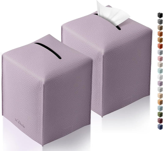 Tissue Box Cover for PU Leather, Modern Simple Solid Color Holder Square Tissue Bag, Ideal for Bathrooms,Office,Car,Nightstand,Outdoor Tent,Dining Table,5"X5"X5", Double Purple