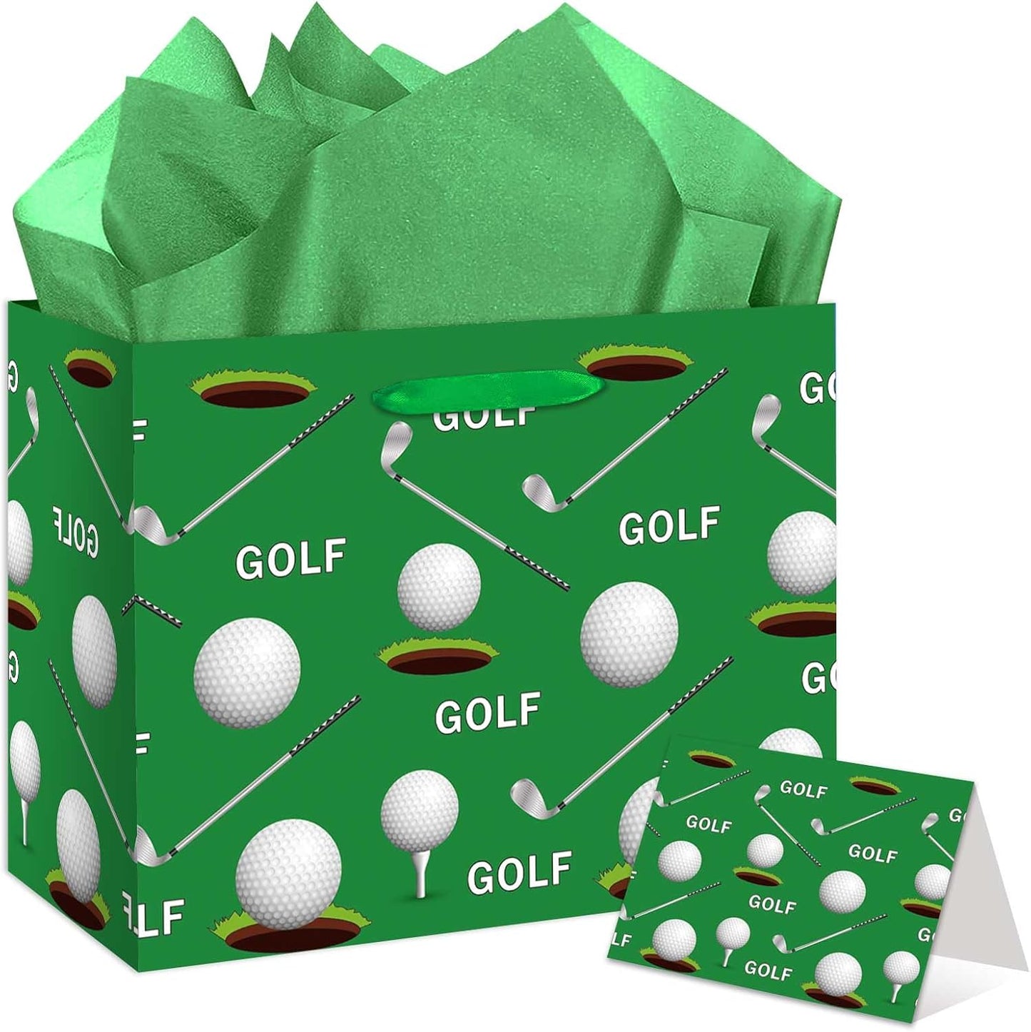 Golf Club Gift Bag, Green and White Golf Gift Bag with Card and Tissue Paper, Sports Theme Party Decor for Men, Fans, Birthday Party Supplies, Milestone Celebrations