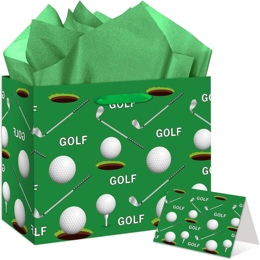 Golf Club Gift Bag, Green and White Golf Gift Bag with Card and Tissue Paper, Sports Theme Party Decor for Men, Fans, Birthday Party Supplies, Milestone Celebrations