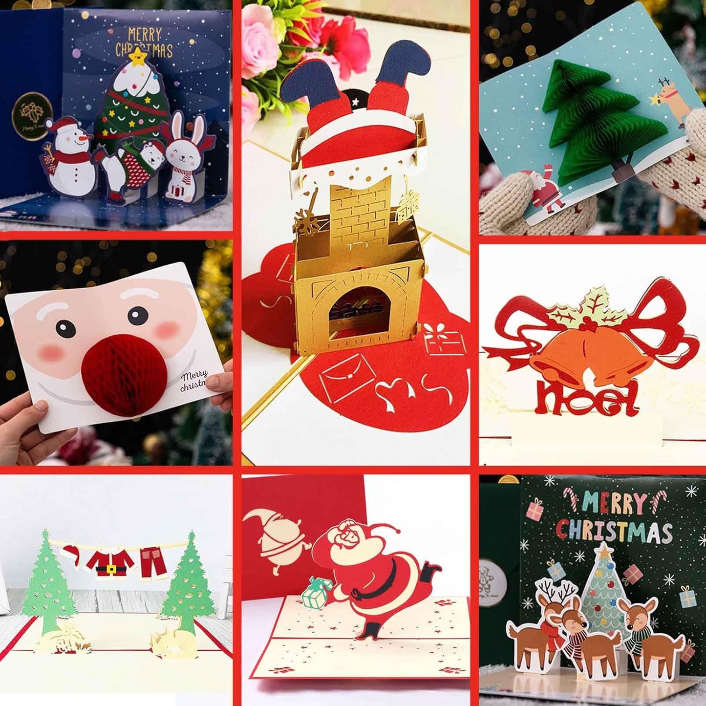 3D Christmas Greeting Cards, 8PCS, Pop Up Handmade Cards with Envelope Set of 8, For Xmas New Year Winter Holiday- Feature Xmas Tree, Snowman, Reindeer, Santa and Bell