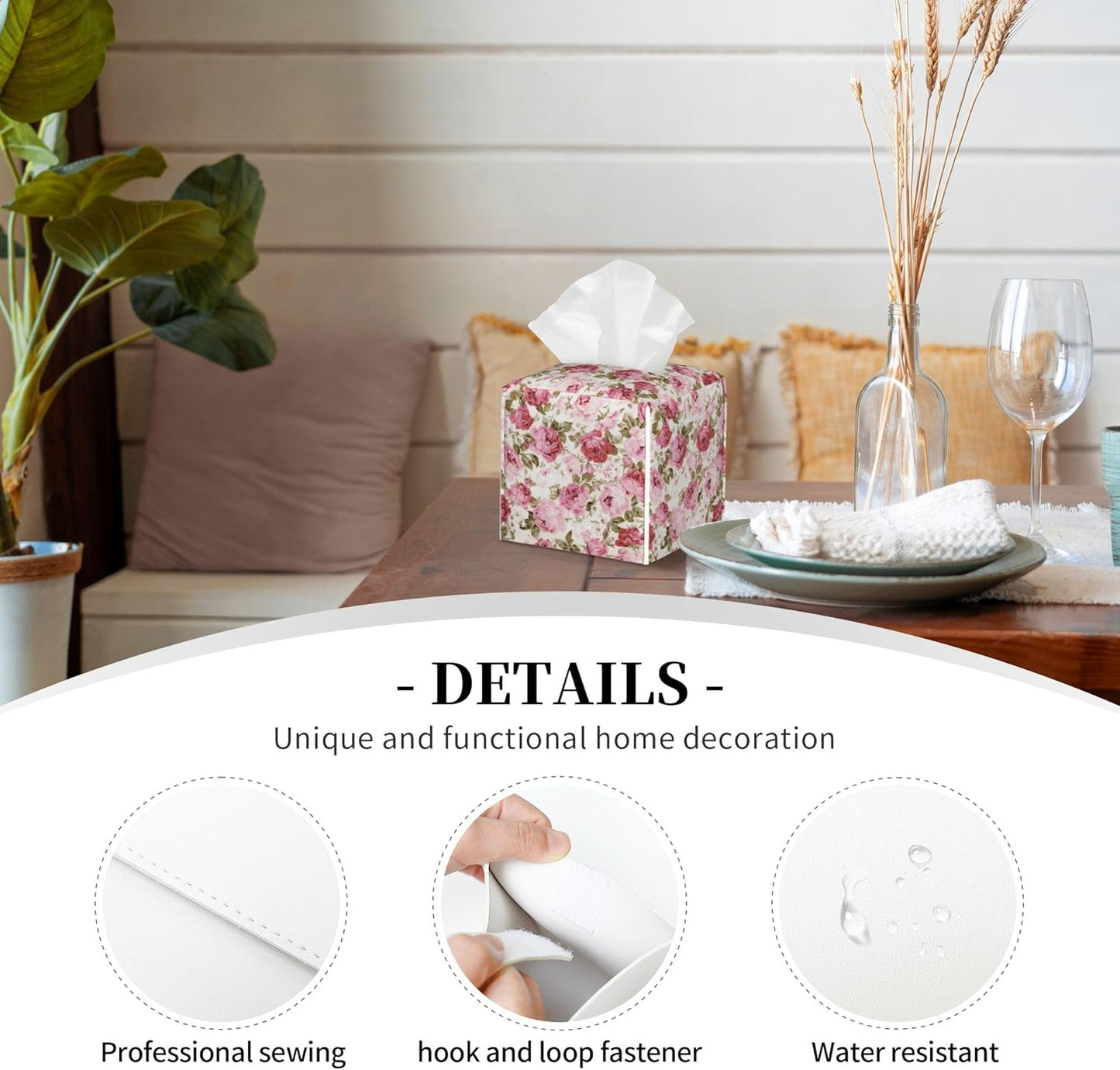 Vintage Rose Flowers Leaves Tissue Box Cover Square,Pink Floral Plants Tissue Box Holder Waterproof Leather Facial Paper Organizer Dispenser for Bathroom Home Car Nightstand Vanity Desk