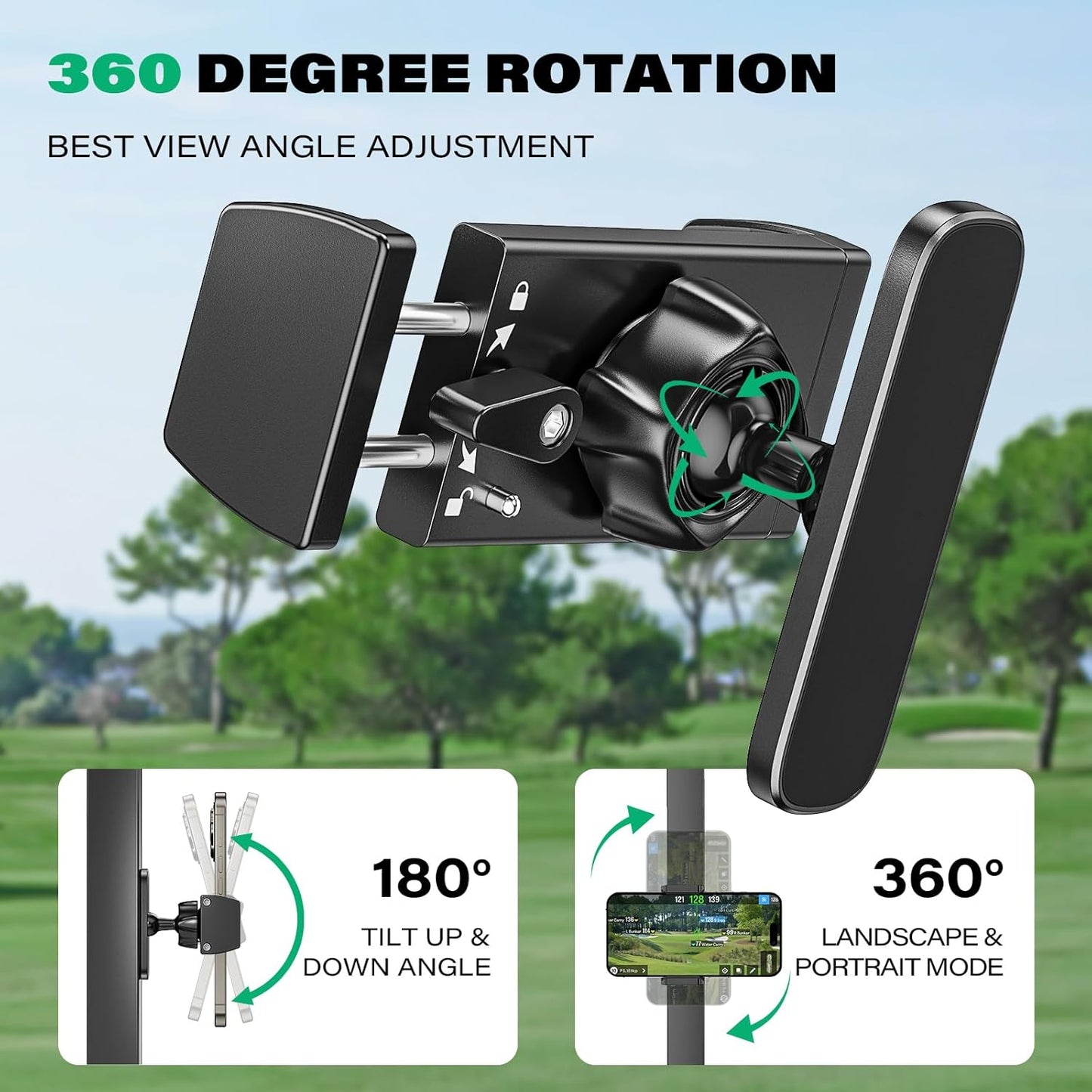 Aluminum Alloy Golf Cart Phone Holder with Safety Lock, Heavy Duty Magnetic Golf Phone Mount for EZGO/Club Car/Yamaha/Icon, Golf Cart Accessories Gifts for Men Women [Phone Case Friendly]