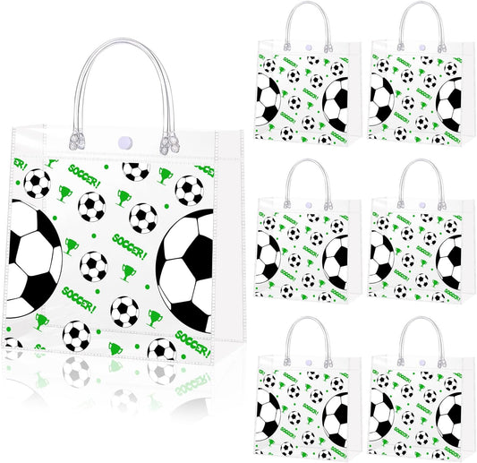 24 Pieces Clear Soccer Gift Bags with Handles Transparent PVC Soccer Goodie Bags 7.9 x 7.9 x 3.1Inch Sport Theme Party Favor Bag for Birthday Holiday Sports Team Events