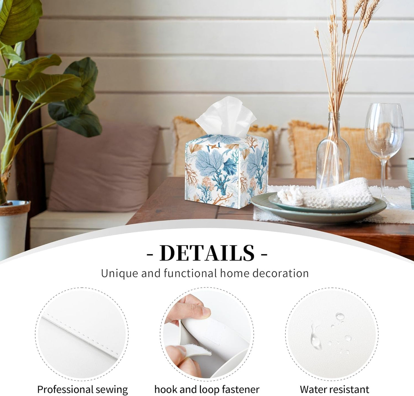 Tissue Box Holder Watercolor Blue Corals Tissue Box Cover Square Leather Tissue Holder Organizer Portable Decorative Facial Paper Case for Home Office Bathroom Vanity Countertop