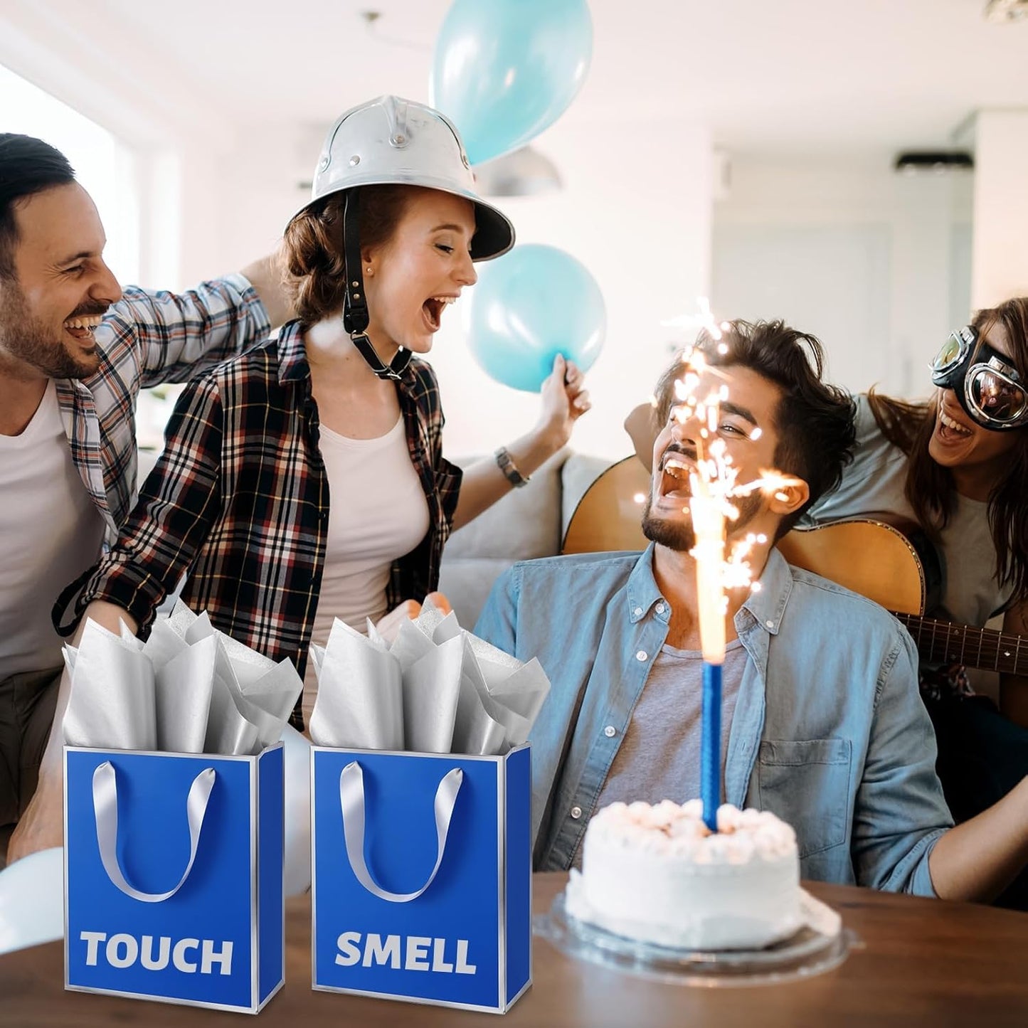 Yeaqee 24 Pack Metallic Paper Gift Bags with Handle and Tissue 9x7x3.1 Gold Foil Welcome Favor Bags Return Gifts for Wedding Fall 5 Senses Christmas Bridesmaid Birthday(Royal Blue,Silver)