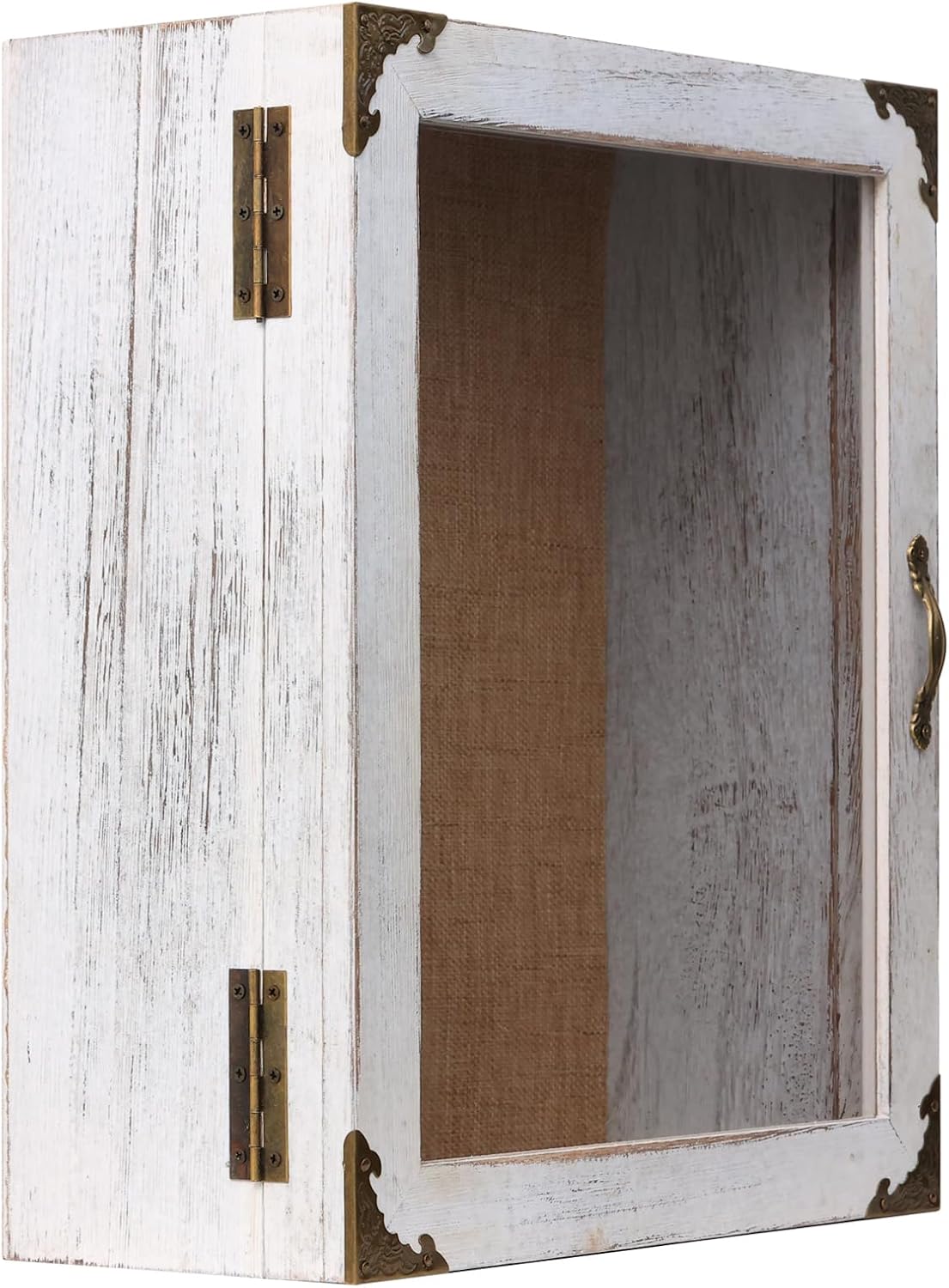 Shadow Box 11x13 Display Case, 5 Inch Extra Deep Shadow Box Frame , Acrylic Door, White Solid Wood Shadow Box with Linen Back & Pins, Rustic Metal Corners, Wall Mounted Keepsake Display Cabinet