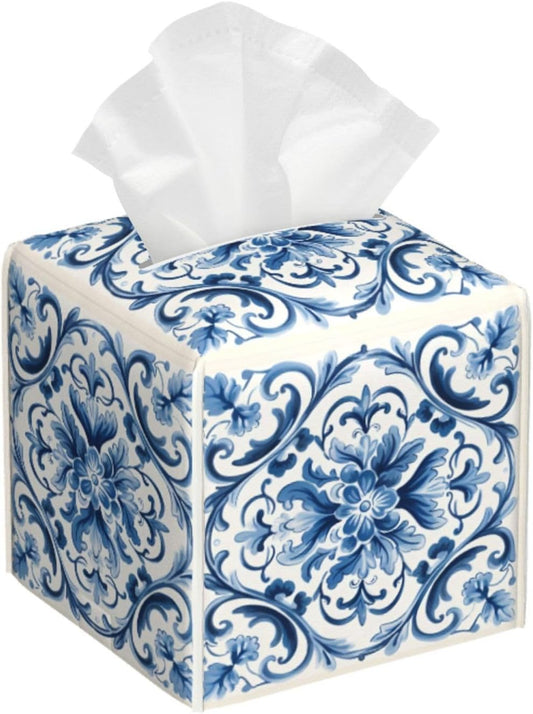Tissue Box Cover Blue Flower Paisley Square PU Leather Tissue Box Holder for Car Bathroom Bedroom Desk Tabletop Decor