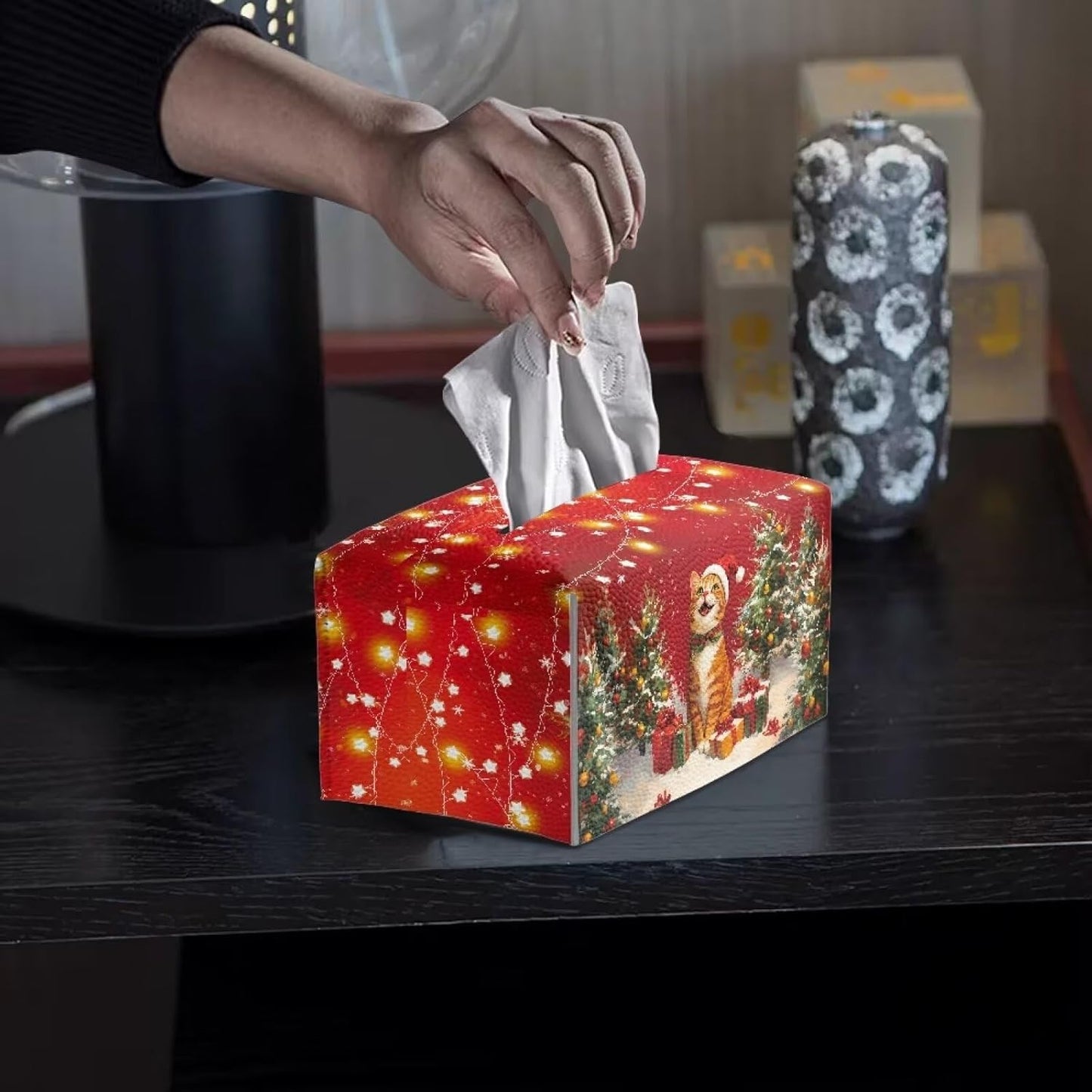 Leather Tissue Box Cover Cute Cat Tissue Box Holder Rectangle Christmas Tissue Box Home Decor for Bathroom Dingning Room Accessories Red