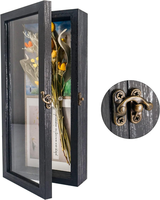 GraduatePro Shadow Box Frame 5x12.5 Display Case with Linen Back, Real Glass Window Door with Hinge, Picture Frame Wedding Bouquet Memorabilia Medals Photos Memory Box for Keepsakes, Rustic Black