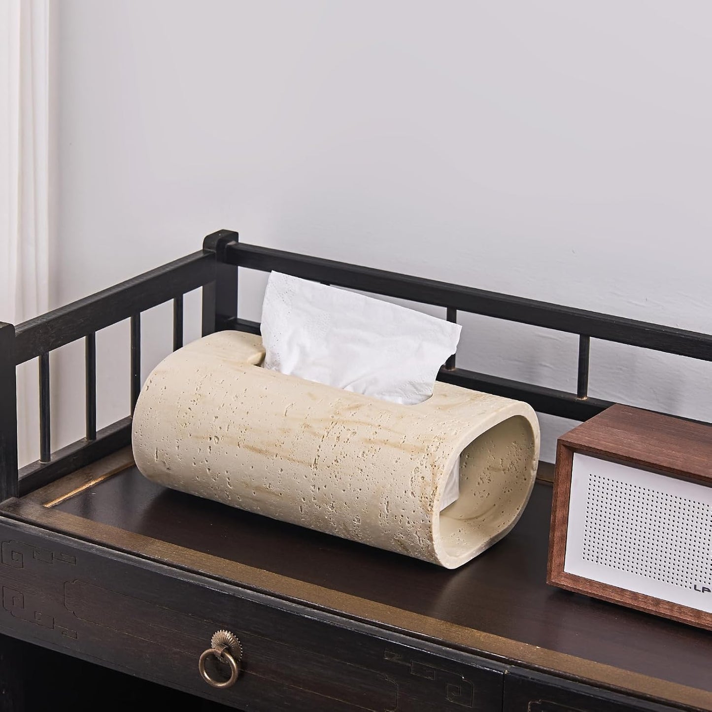 Natural Travertine Textures Tissue Box Holder Rectangle, Resin Facial Tissue Holder Cover, Decorative Bulk Tissue Paper Dispenser for Bathroom Kitchen Bedroom Living Room Office (Beige)