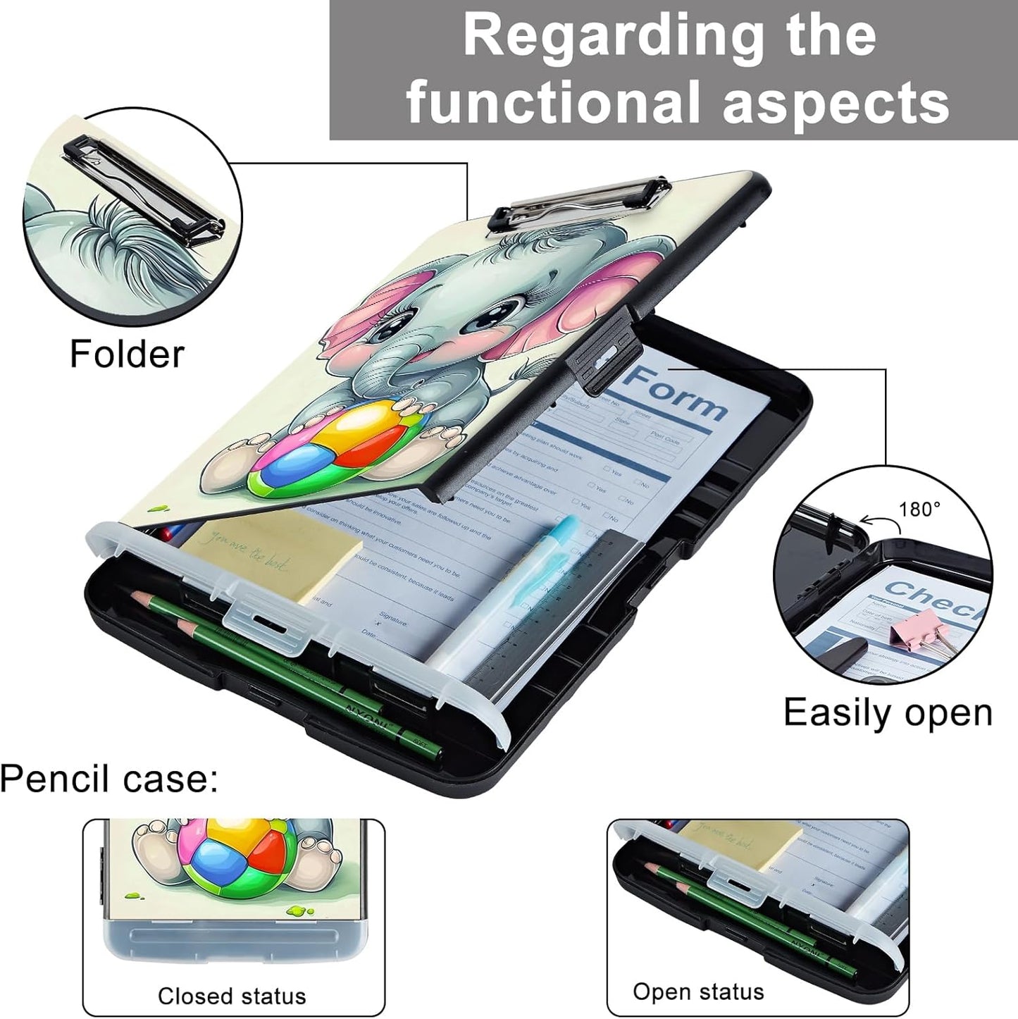 Clipboard with Storage - Large Capacity,Nursing Clipboard with Pen Holder,Heavy Duty,Plastic Side-Opening Folder for Teacher,Nurse - Cute Elephant