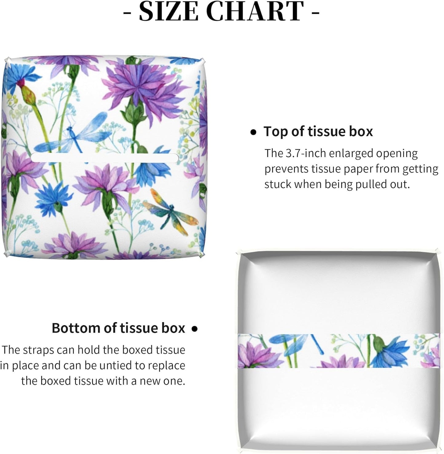 Watercolor Flowers and Dragonflies Tissue Box Cover Square,Purple Blue Floral Tissue Box Holder Waterproof Leather Facial Paper Organizer Dispenser for Bathroom Home Car Nightstand Vanity Desk