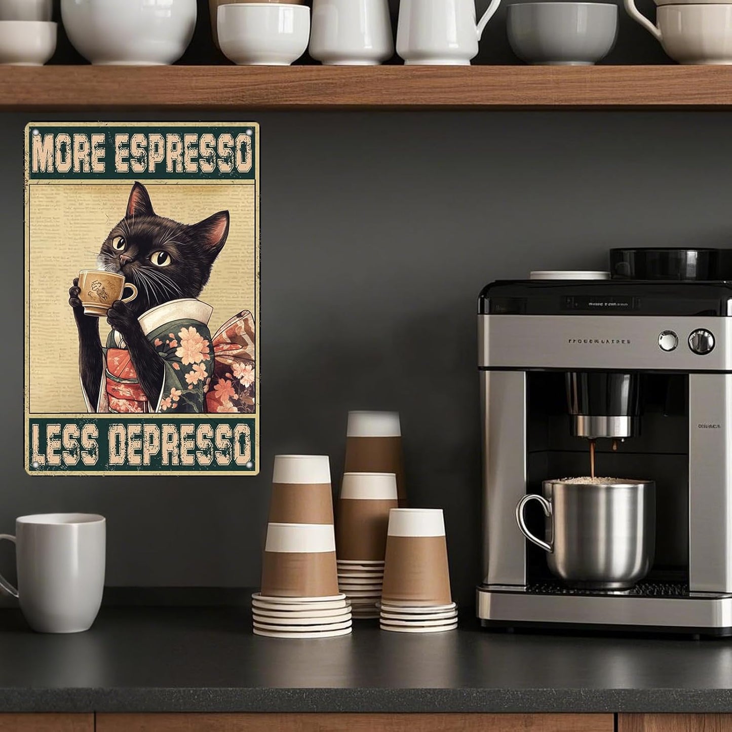 Coffee Cat Metal Posters More Espresso Less Depresso Metal Tin Sign Kimono Cat Bar Pub Sign Poster Home Decor Garage Bar Poster 12x8 Inch