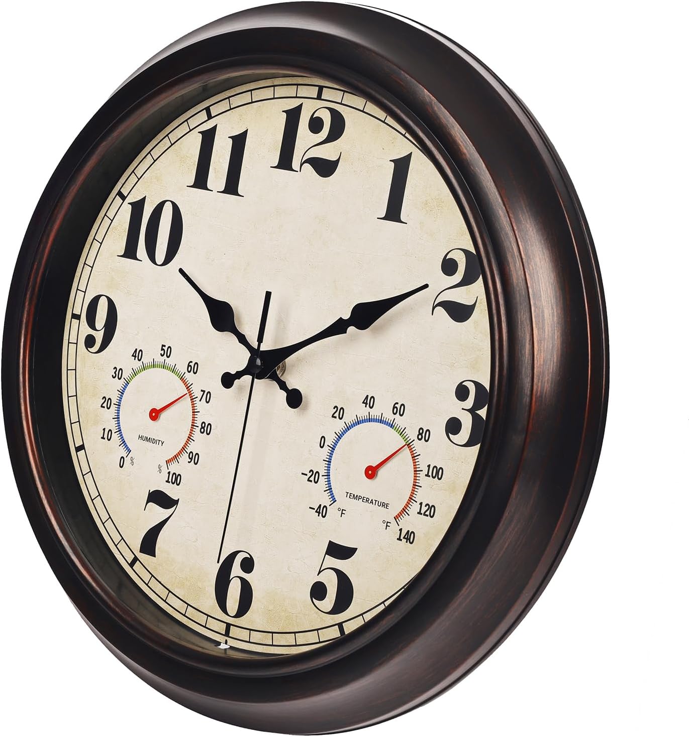 JENLYSTIME 13 Inch Dark Brown Vintage Waterproof Indoor/Outdoor Wall Clock with Thermometer & Hygrometer Large Silent Numerals & Accurate Timekeeping for Living Room, Porch&Garden&Pool