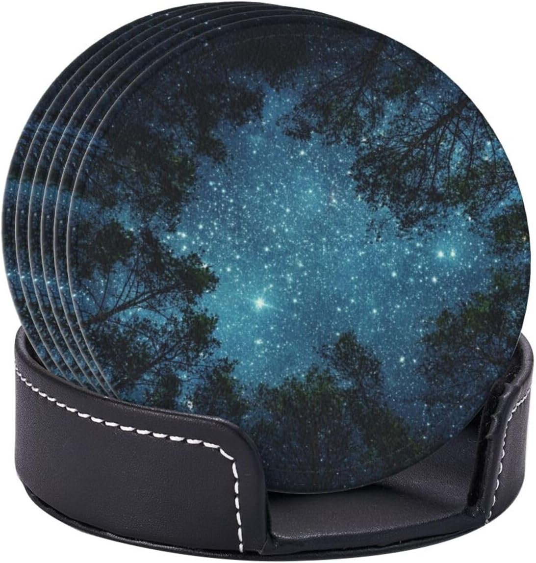 Night Sky Cool Tree Space Star Coasters for Drinks Round Leather Coaster with Holder Set of 6 for Tabletop Protection Desk Accessories Office Home Room Decor
