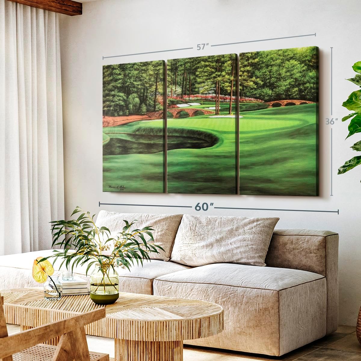 ElephantStock Augusta National 11th Hole I Wall Art - Horizontal Canvas - 3-Piece Living Room Wall Decor - Painting Sports Canvas Print - Green and Brown Decor for Wall by Marci Rule - 57" X 36"