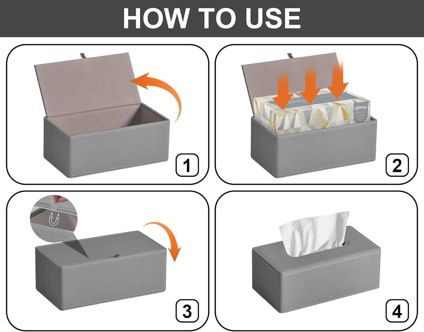 Tissue Box Cover Rectangular 9.8"(L) x 5.3"(W) x 4.3"(H) Refined Modern PU Leather Facial Tissue Dispenser Box Holder for Dresser Bathroom Decorative (Linen Grey)