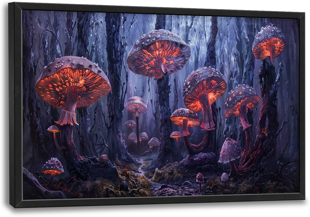 Large Mushroom Framed Wall Art for Living Room Forest Mushroom Canvas Wall Decor Rustic Pictures Print Painting Artwork Modern Home Decorations for Bedroom Office 36x24 inch