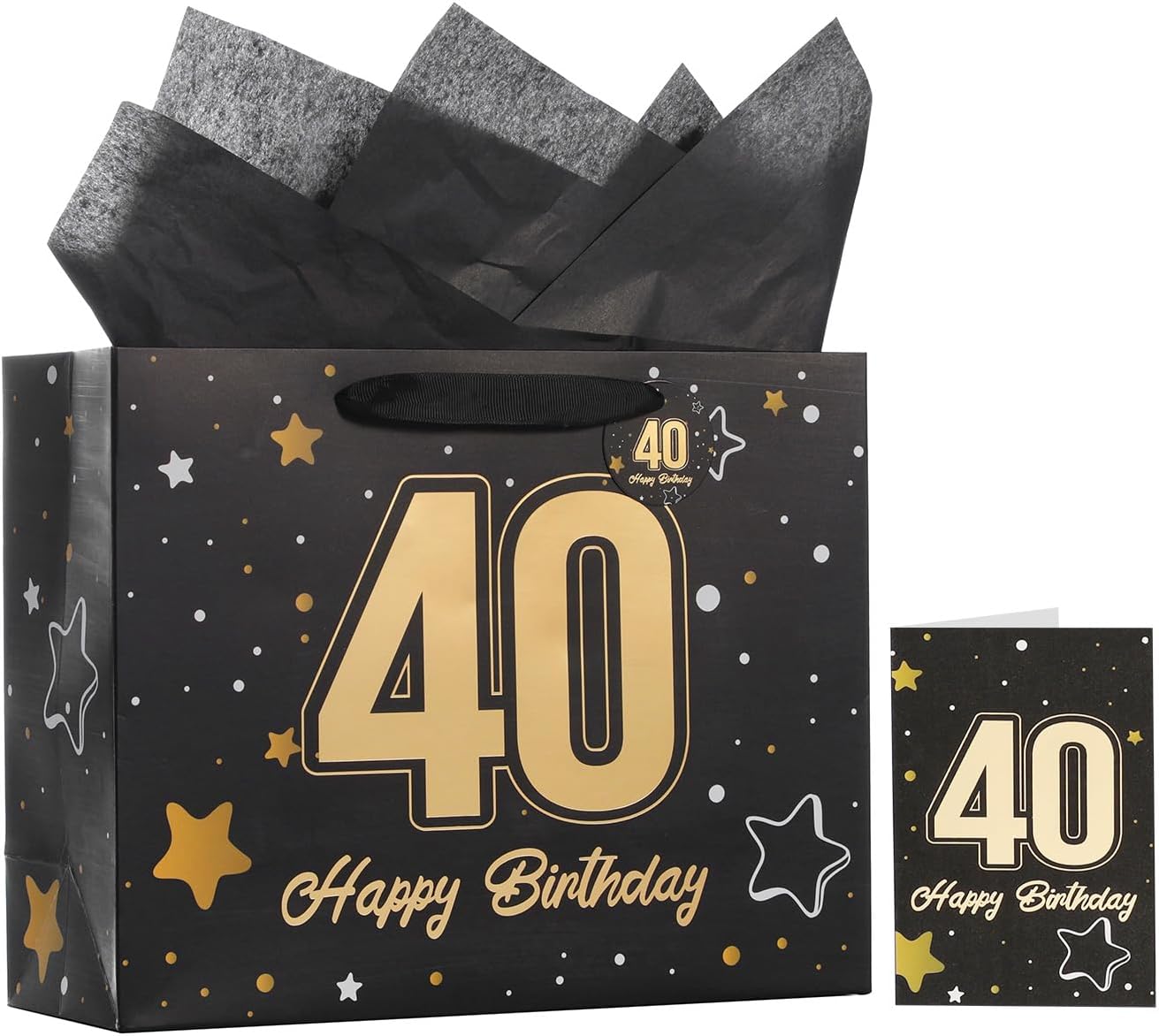 Powbrace 13" Black Happy Birthday Gift Bag with Tissue Paper and Greeting Card for Party,Happy Birthday Gift Bag for Men Women,Gift Bags Medium size(1 Black 40th)