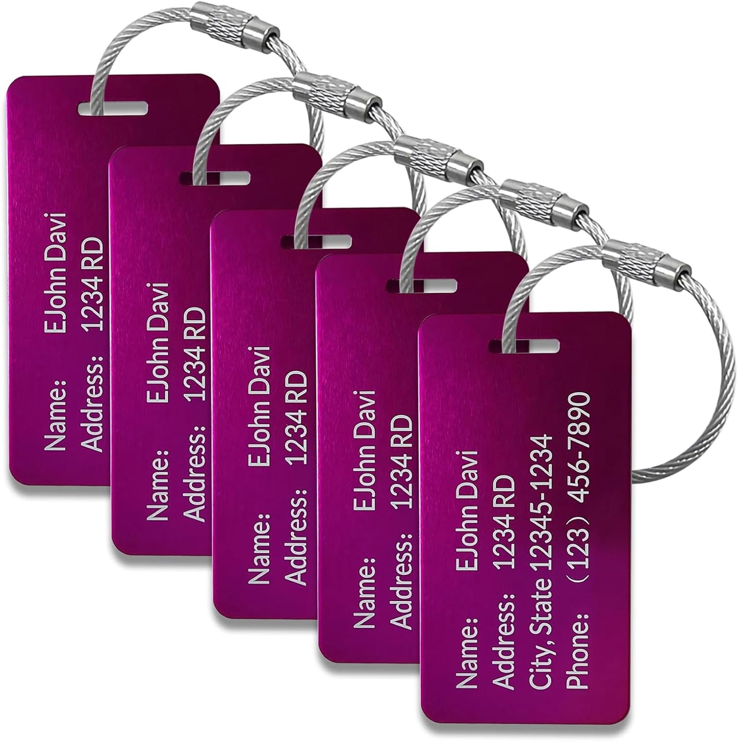 5 Pack Custom Engraved Luggage Tags, 3.8 x 2 inches Waterproof Personalized Luggage Tags, Aluminum Personalized Bag Tags for Suitcases/Backpack/Luggage Accessories [Purple Red]