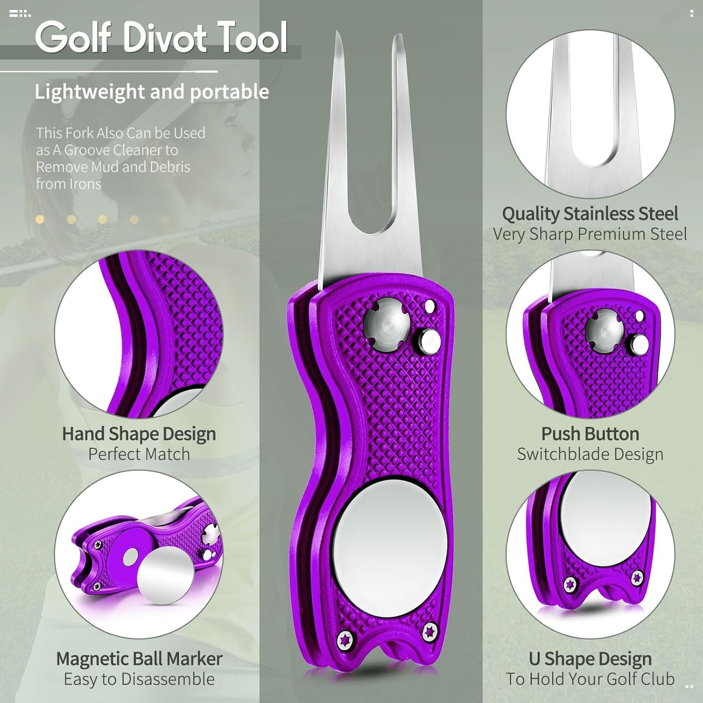Skylety 4 Pcs Golf Divot Repair Tool Metal Foldable Golf Divot Tool with Magnetic Pop-up Button Ball Marker Stainless Steel Switchblade for Golfers Prizes