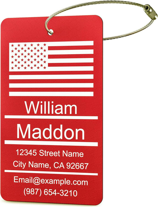 Luggage Tags for Suitcase - Red Personalized Engraved Metal Tag for Cruise Travel - Custom Name Tags Suitable for Bags and Backpacks