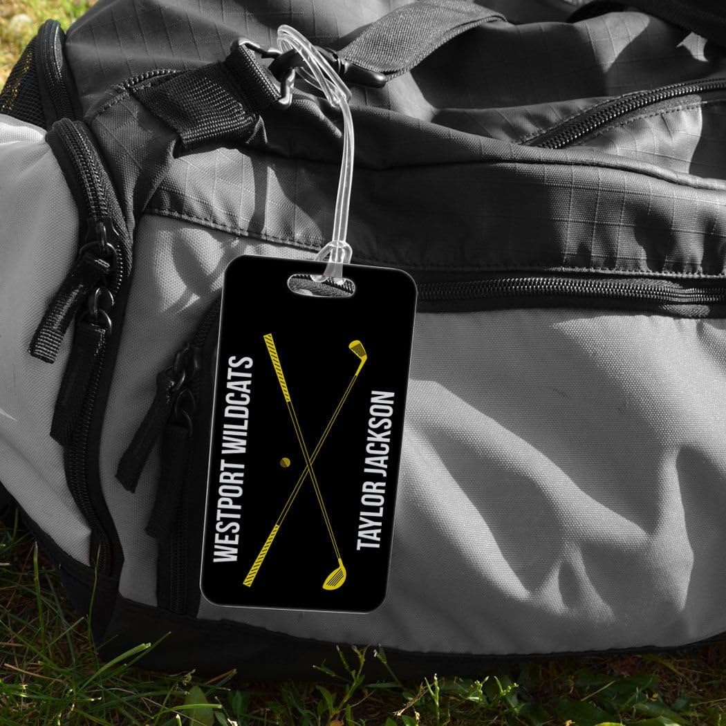 ChalkTalkSPORTS Golf Luggage & Bag Tag | Personalized Crossed Golf Clubs | Standard Lines on Back | Large | Black/Yellow