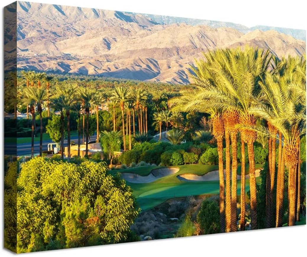 Palm Trees with Golf Course Canvas Wall Art for Living Room Bedroom Bathroom Home Decorations Coachella Valley Mountain Picture Wall Decor Prints Modern Framed Artwork Ready to Hang(24''H x 36''W)