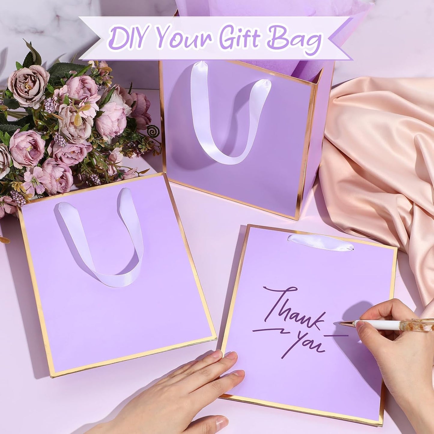 Yeaqee 24 Pack Metallic Paper Gift Bags with Handle and Tissue 9x7x3.1 Gold Foil Welcome Favor Bags Return Gifts for Wedding Fall 5 Senses Christmas Bridesmaid Birthday(Lavender, Gold)