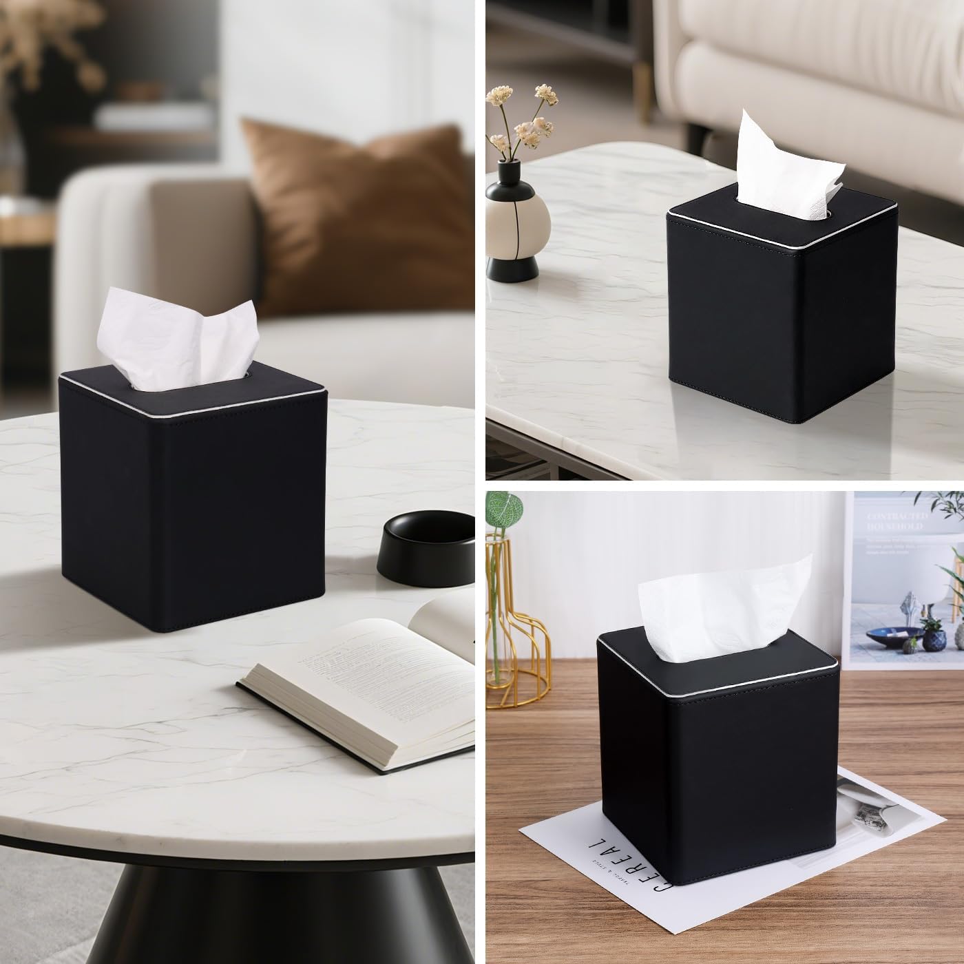 KINGFOM Leather Tissue Box Cover – Square Modern PU Leather Tissue Holder, Cube Tissue Dispenser for Home, Office, Bedroom, Bathroom – Elegant Minimalist Style (Black-Square)