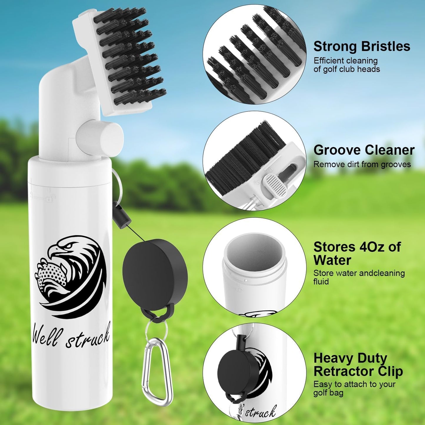 Pro Golf Club Cleaner - 4oz Water Bottle with Groove Cleaner and Retainer Clip, Durable Nylon Bristles for Easy Cleaning, Ergonomic Button Design, Golf Gifts for Men & Essential Accessories