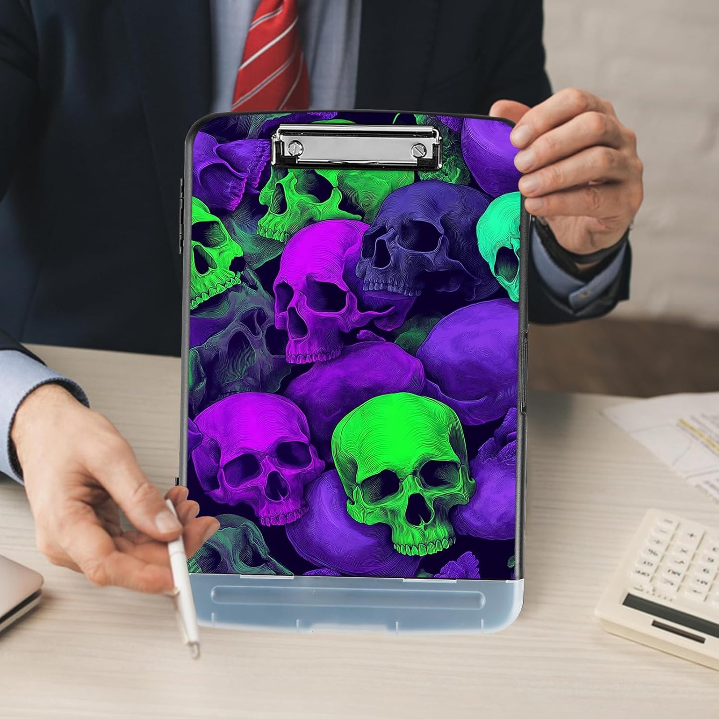 Clipboard with Storage - Large Capacity,Nursing Clipboard with Pen Holder,Heavy Duty,Plastic Side-Opening Folder for Teacher,Nurse - Green Purple Skull