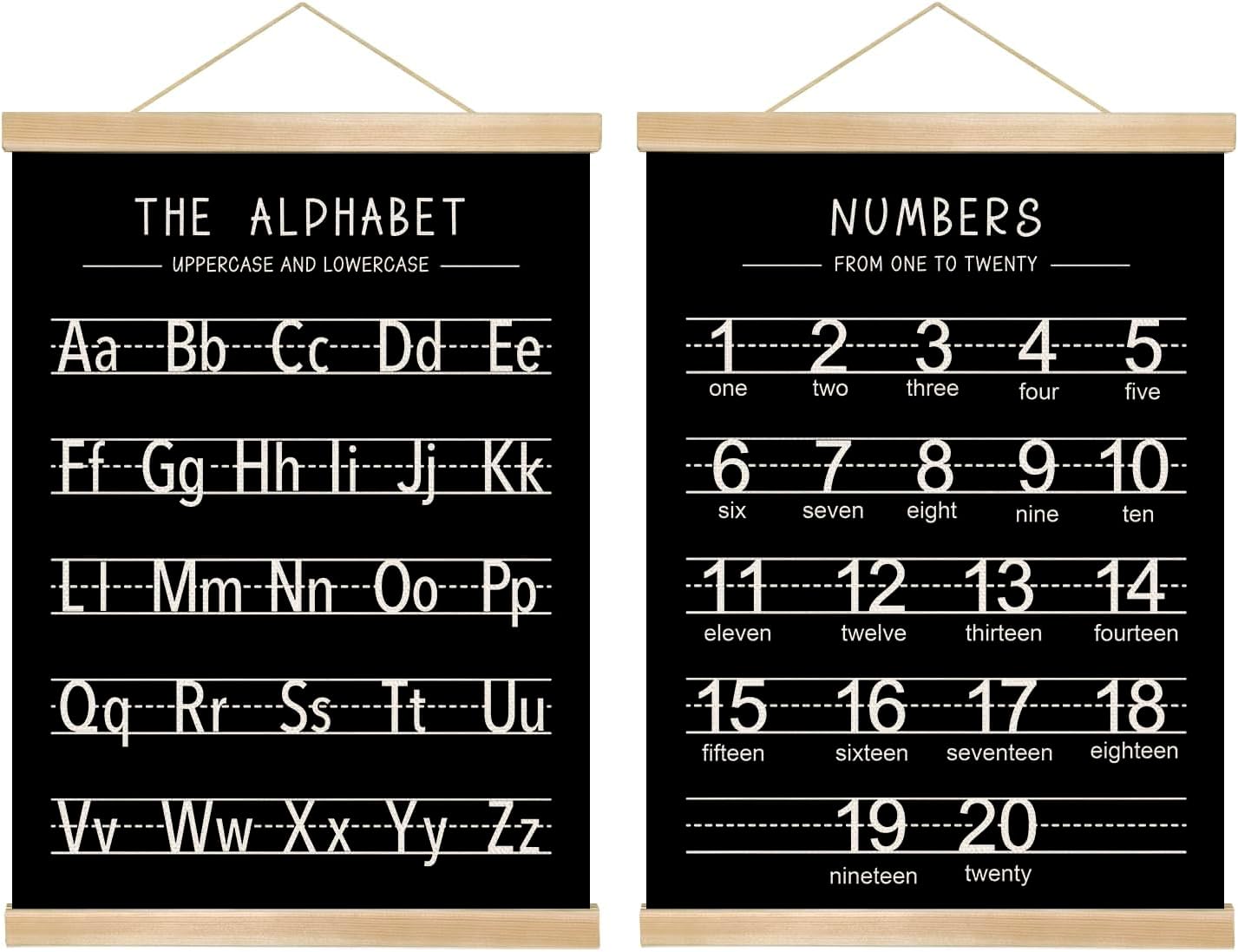 Alphabet and Numbers Wall Chart Set of 2,Kids Educational Posters,ABC and 1-20 Number Learning Banners for Toddlers, Preschool Classroom, Nursery, Playroom Decor14 x 18.5 In(Black and white)